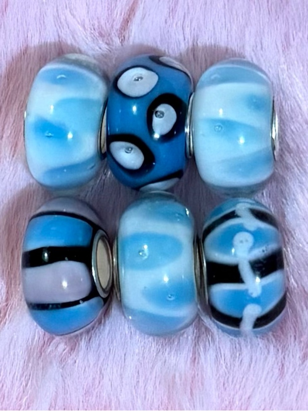 6 Blue and White Glass Murano Spacer Bead Set $10 each